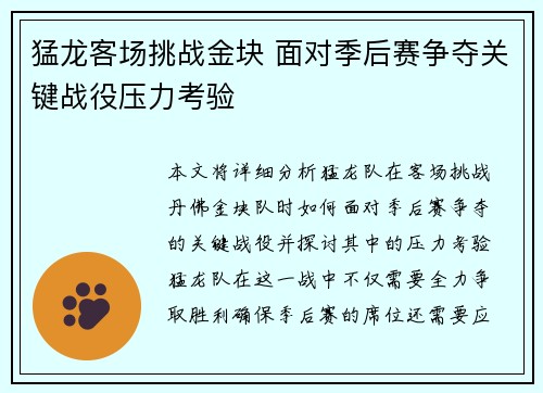 猛龙客场挑战金块 面对季后赛争夺关键战役压力考验