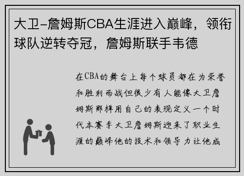 大卫-詹姆斯CBA生涯进入巅峰,领衔球队逆转夺冠,詹姆斯联手韦德
